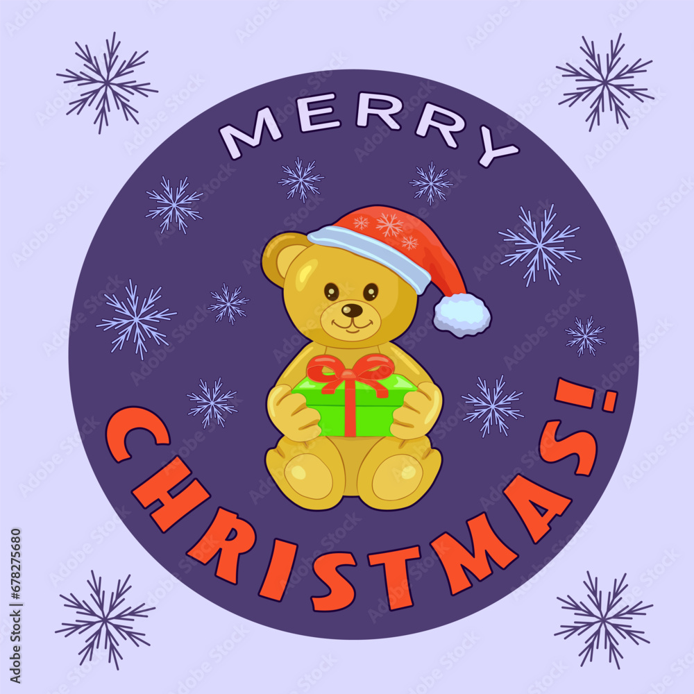 Fototapeta premium Funny light brown cartoon bear in a red cap with a green gift box in a purple circle and the inscription Merry CHRISTMAS. New Year and Christmas. Stickers, icons and vector icons. Vector illustration.