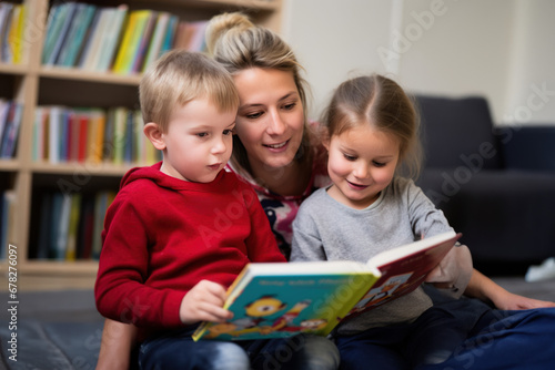 jeunes enfants qui lisent un livre en compagnie d'un adulte dans une bibliothèque