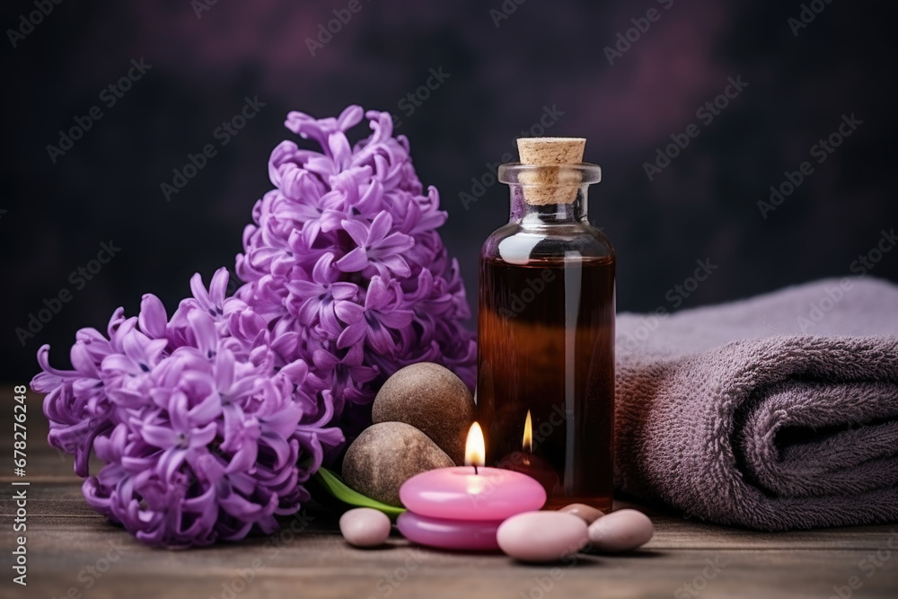 Spa composition with essential oil, Hyacinth flowers and towels Spa composition with essential oil, Hyacinth flowers and towels