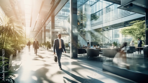 Blurred business people fast movement in office building by Generative AI