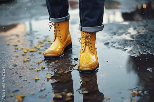Female wearing rubber boots walking through puddles on city street. AI generated.