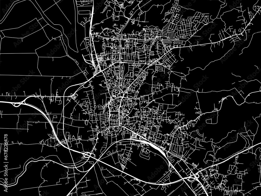 Vector road map of the city of Elblag in Poland with white roads on a black background.