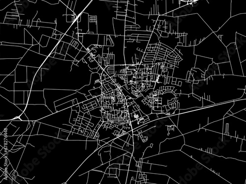 Vector road map of the city of Belchatow in Poland with white roads on a black background.