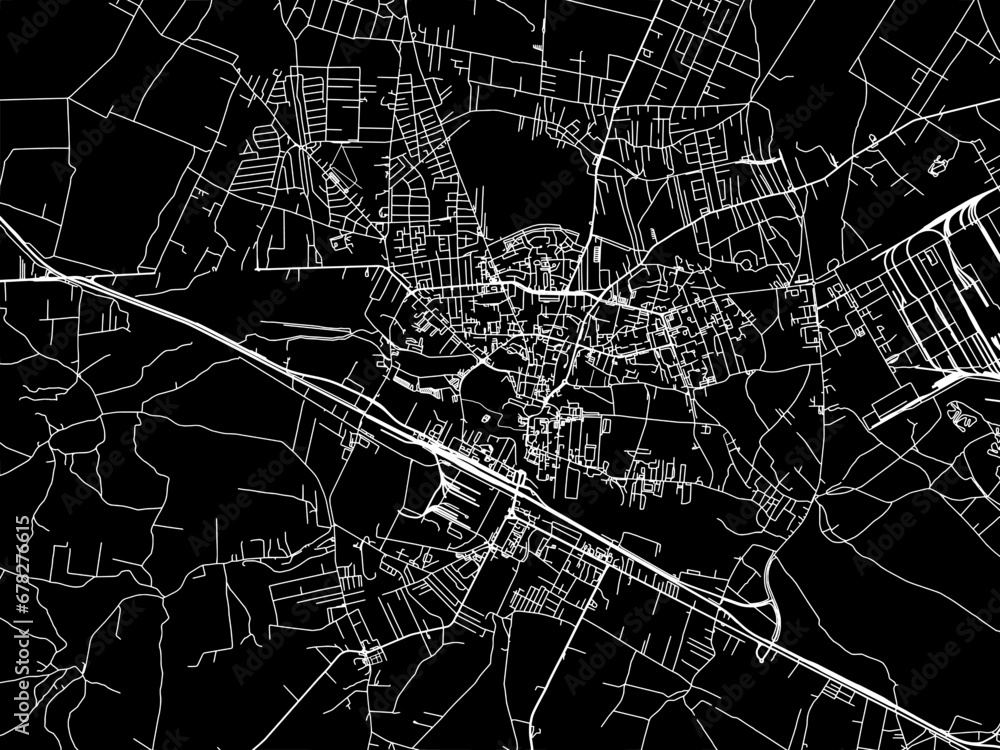 Vector road map of the city of Ostrowiec Swietokrzyski in Poland with white roads on a black background.