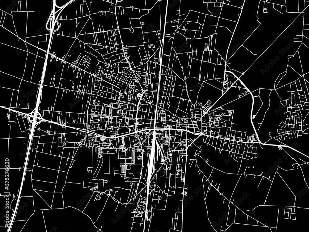 Vector road map of the city of Piotrkow Trybunalski in Poland with white roads on a black background.