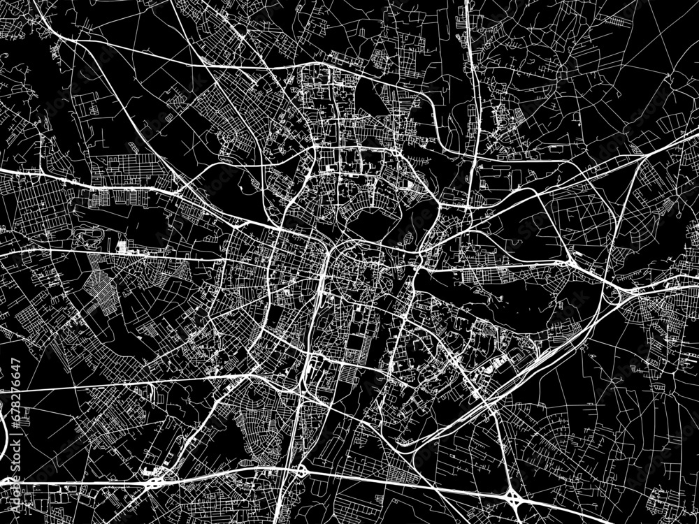 Vector road map of the city of Poznan in Poland with white roads on a black background.