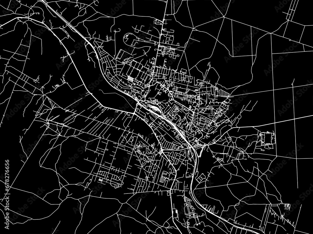 Vector road map of the city of Starachowice in Poland with white roads on a black background.