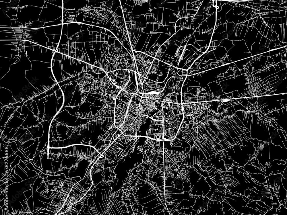 Vector road map of the city of Rzeszow in Poland with white roads on a black background.
