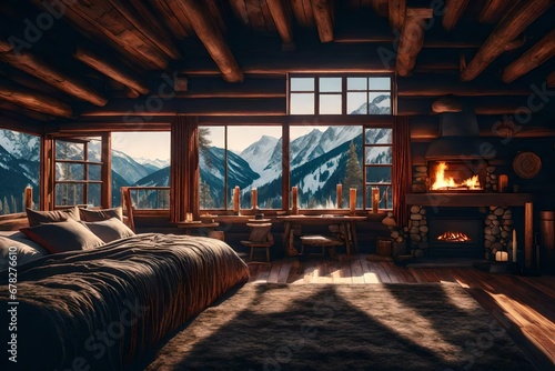 A bedroom in a mountain lodge, complete with warm blankets, a roaring fireplace, and snow falling outside the window.