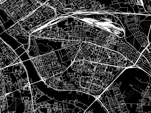 Vector road map of the city of Praga Poludnie in Poland with white roads on a black background.
