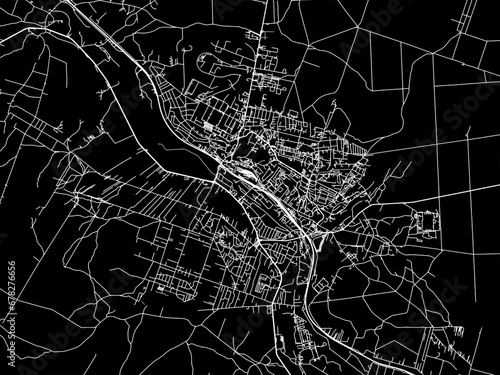 Vector road map of the city of Starachowice in Poland with white roads on a black background.
