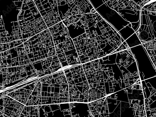 Vector road map of the city of Srodmiescie in Poland with white roads on a black background.