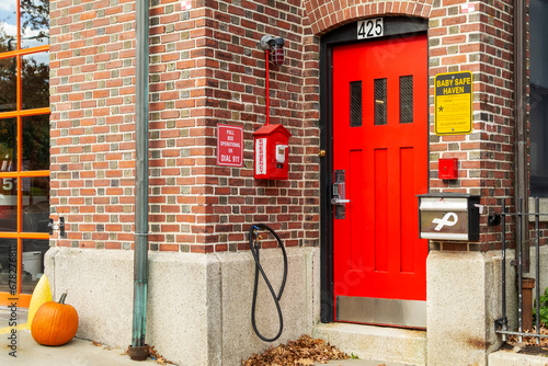 Entrance door of Boston Fire Department Engine, Brighton, Massachusetts, USA photo