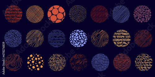 Hand drawn set of ink grunge texture in circles. Doodle shapes. Linear hatching, crosshatchin, stippling, scumbling and others. Vector illustration.
