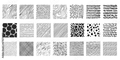 Hand drawn set of ink grunge texture. Doodle shapes. Linear hatching, crosshatchin, stippling, scumbling and others. Vector illustration.