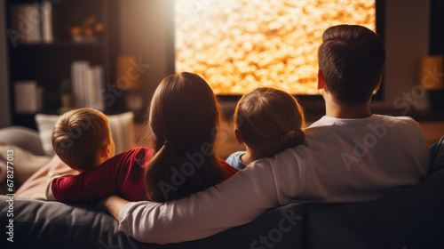 Family watching TV on couch together