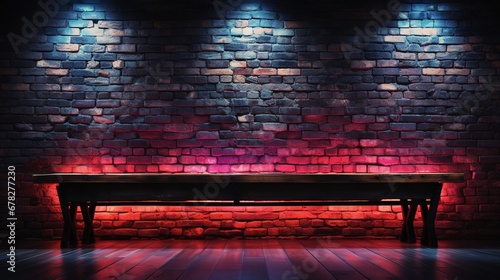 empty brick wall with a table and neon light.