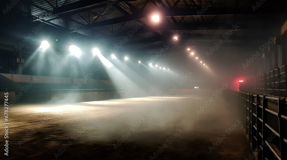 Empty cowboy bull riding arena with bright lights and smoke.