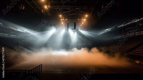 Basketball arena with bright lights and smoke.