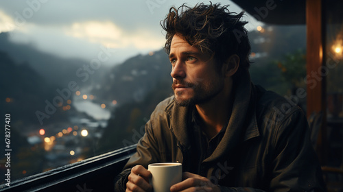 A wide horizontal photo holiday banner image of handsome man thinking and looking outside from a topical hotel window and drinking a coffee in a cold day and misty mountain background
