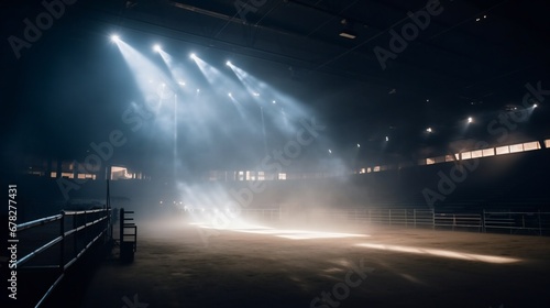 Empty cowboy bull riding arena with bright lights and smoke.