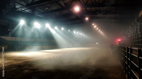Empty cowboy bull riding arena with bright lights and smoke. photo