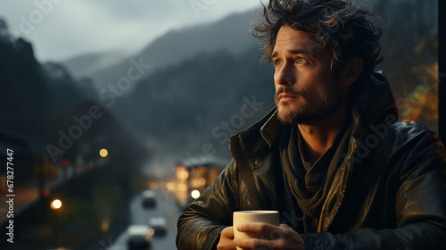 A wide horizontal photo banner image of handsome man thinking and looking outside near a window and drinking a coffee in a cold day and misty city landscape downside