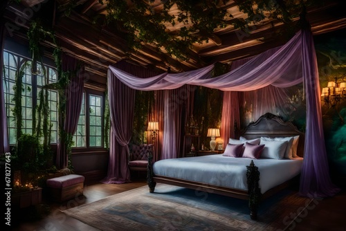 A beautiful bedroom decorated with fairy tale themes, featuring a sheer-draped canopy bed and wall paintings depicting an enchanted woodland.