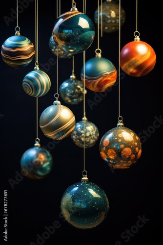 Christmas creative ball like planets on dark black background. Solar space system. Greeting card with copy space. Xmas magic holiday. Vertical format.