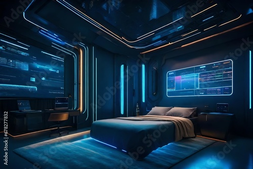 A sci-fi-themed bedroom with futuristic technology, holographic displays, and neon accents