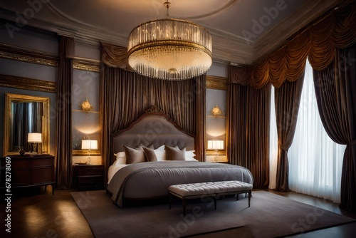 An exquisite bedroom with a four-poster bed, silk drapes, and a soft-lighting chandelier
