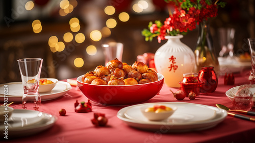 A festive table setting with traditional Chinese New Year foods, Chinese new year