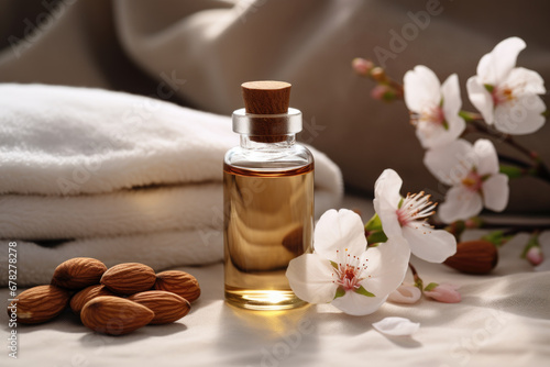 Spa composition with almond essential oil, flower and towels  photo