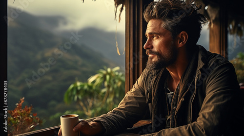 A wide horizontal photo banner image of tired man thinking and looking outside from a topical hotel window and drinking a coffee in a cold day and misty mountain background photo