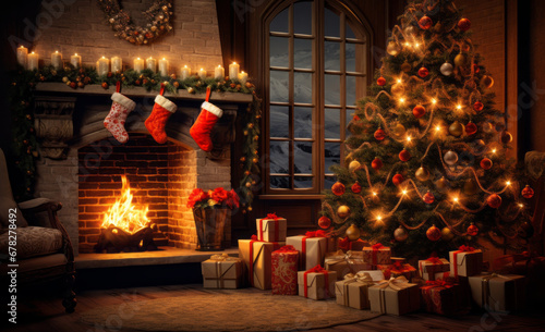 A Festive Living Room with a Beautifully Decorated Christmas Tree and Colorful Presents