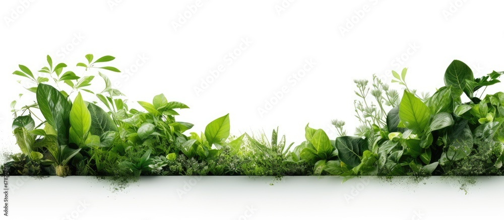 In a creative concept blending technology and nature a white background illuminates a garden filled with vibrant green plants where the energy of Earths light is harnessed through innovativ - obrazy, fototapety, plakaty 