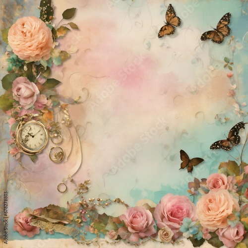 vintage background with roses and butterflies