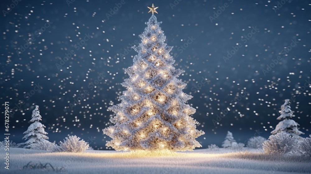 Illuminated Christmas tree on a snowy winter night with festive lights ...