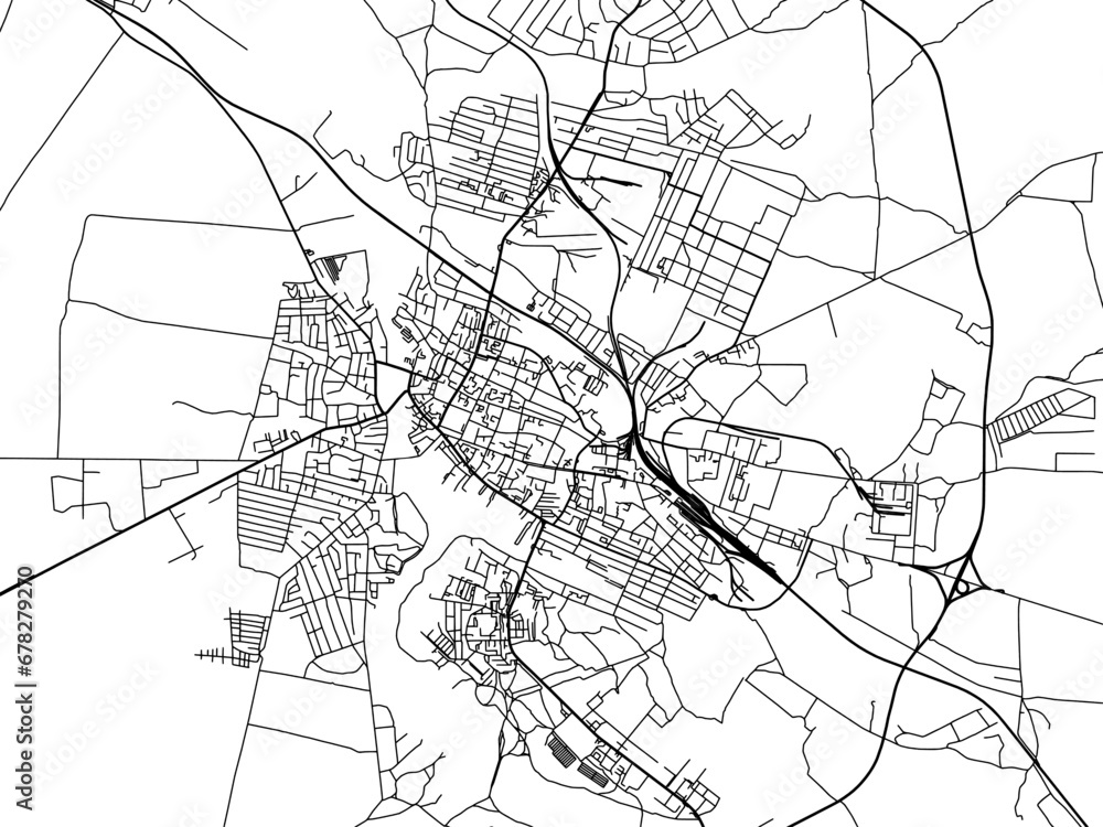 Vector road map of the city of Berdychiv in Ukraine with black roads on a white background.