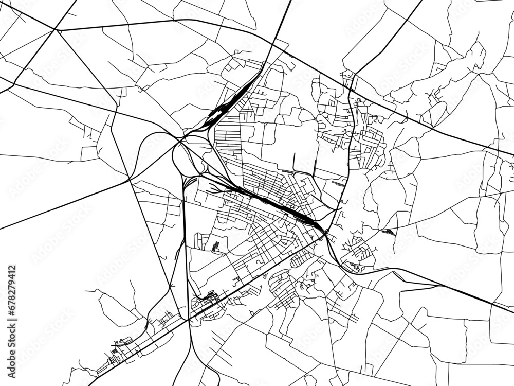 Vector road map of the city of Korosten in Ukraine with black roads on a white background.