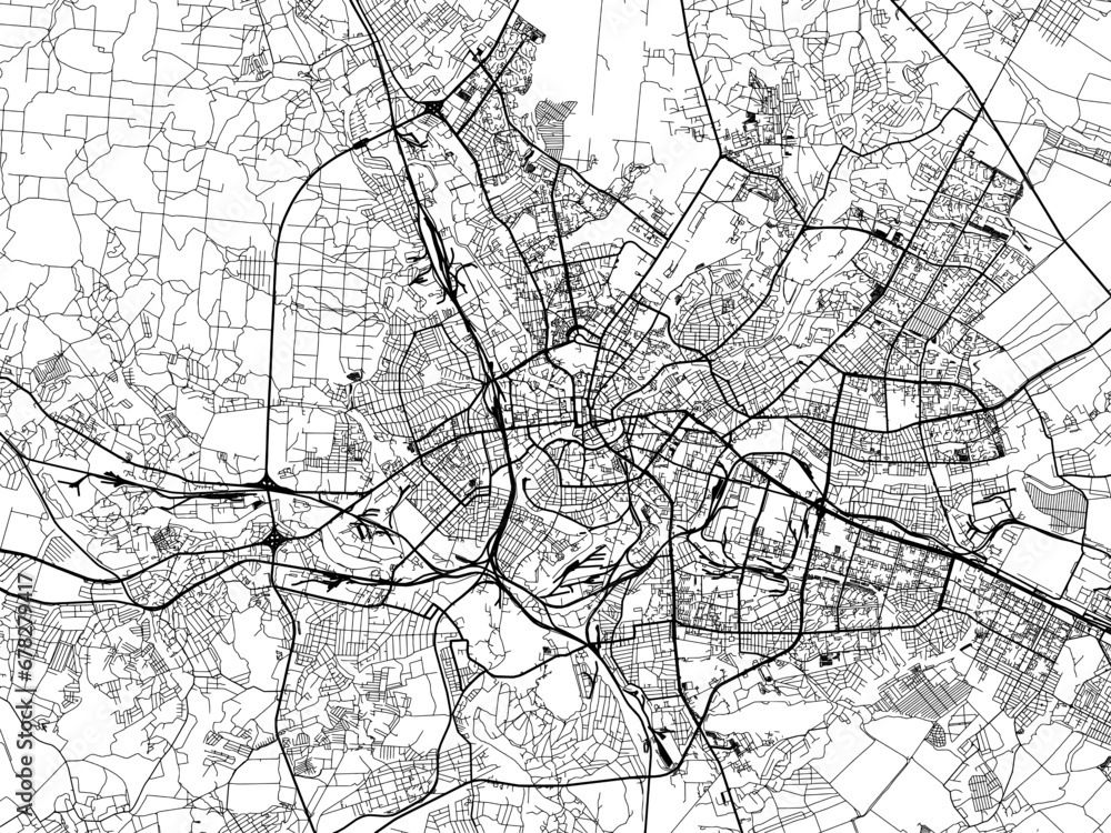 Vector road map of the city of Kharkiv in Ukraine with black roads on a white background.