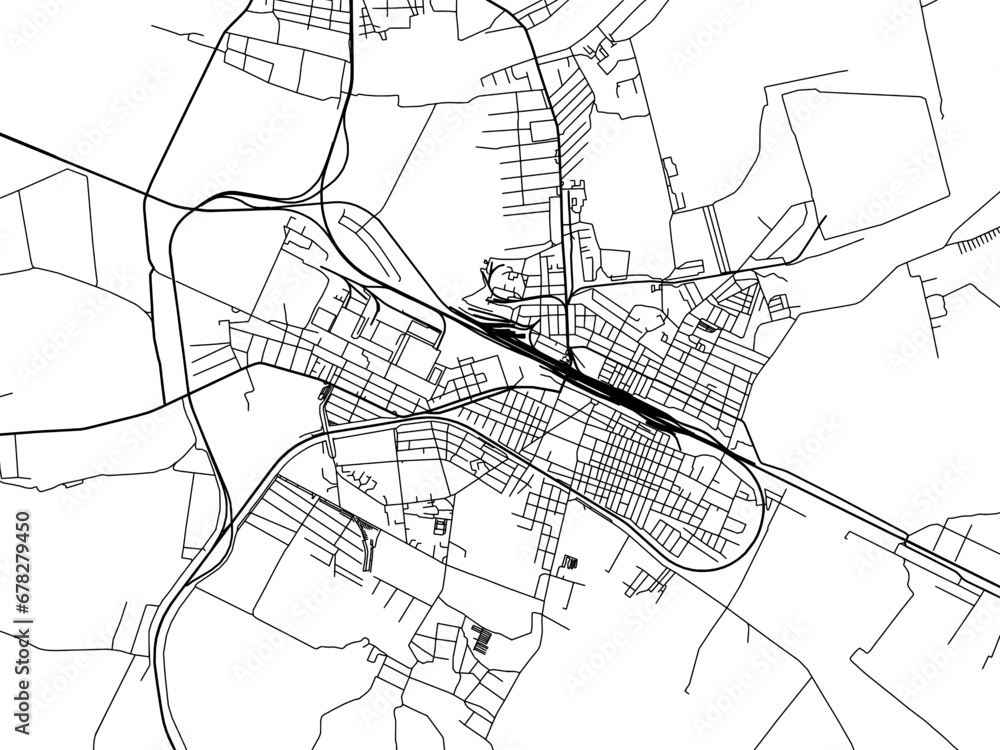 Vector road map of the city of Lozova in Ukraine with black roads on a white background.