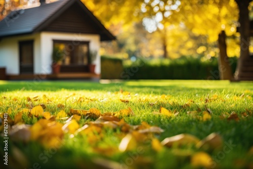 Autumn leaves on the grass in front of a house.