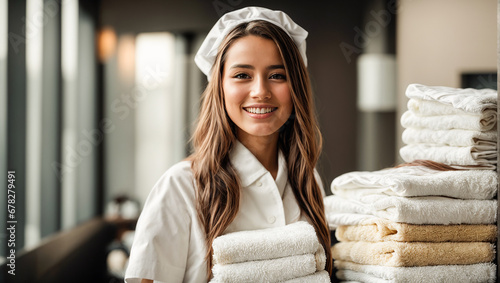 Maid girl, clean towels, hotel photo