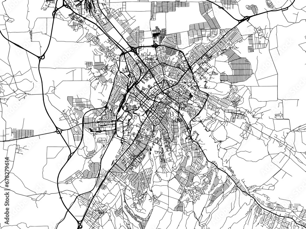 Naklejka premium Vector road map of the city of Simferopol in Ukraine with black roads on a white background.