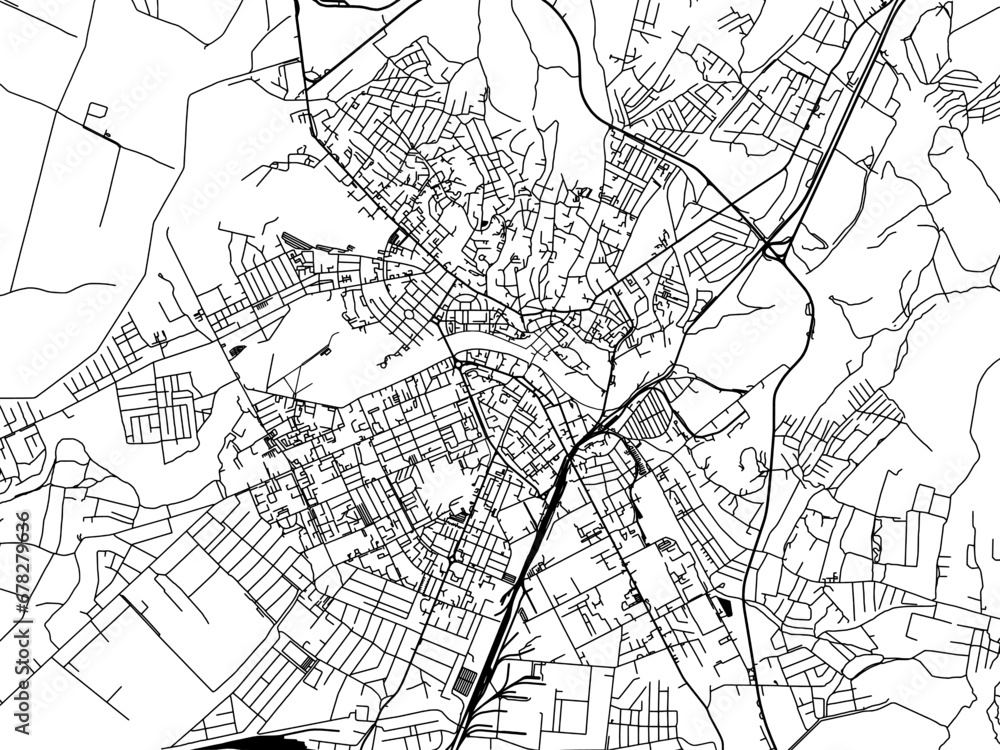 Vector road map of the city of Uzhgorod in Ukraine with black roads on a white background.