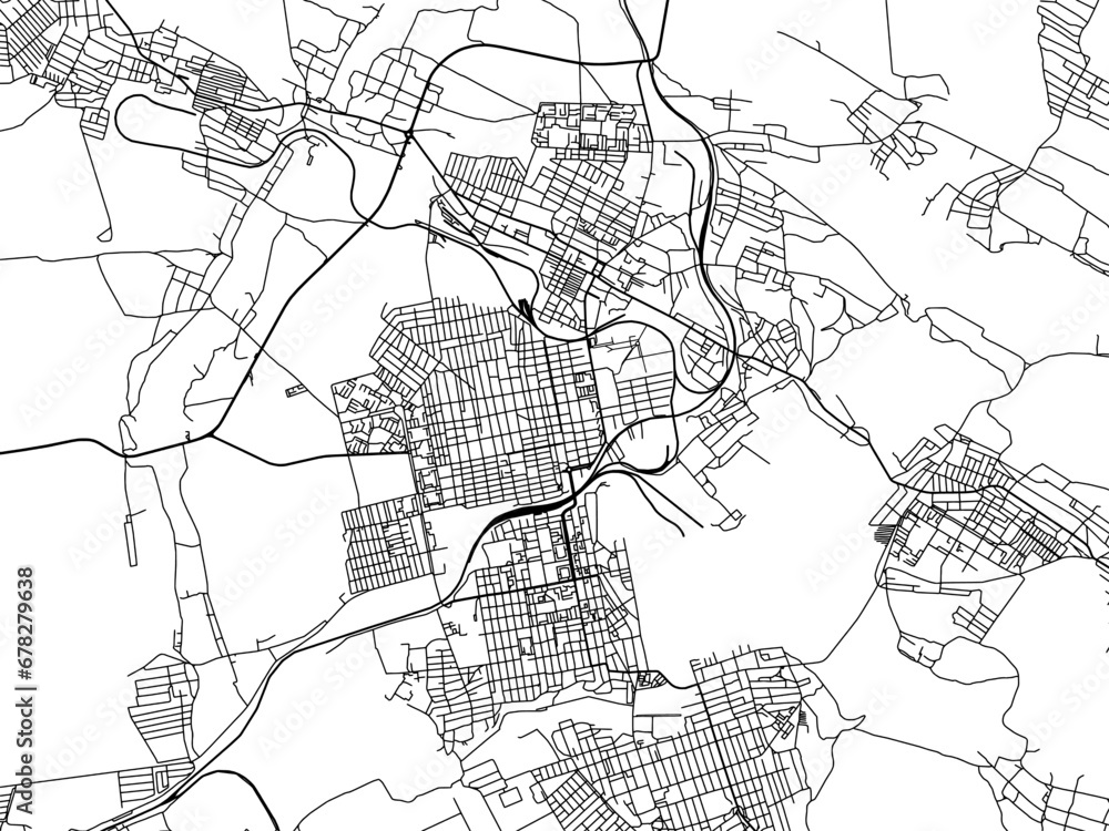 Vector road map of the city of Yenakiieve in Ukraine with black roads on a white background.
