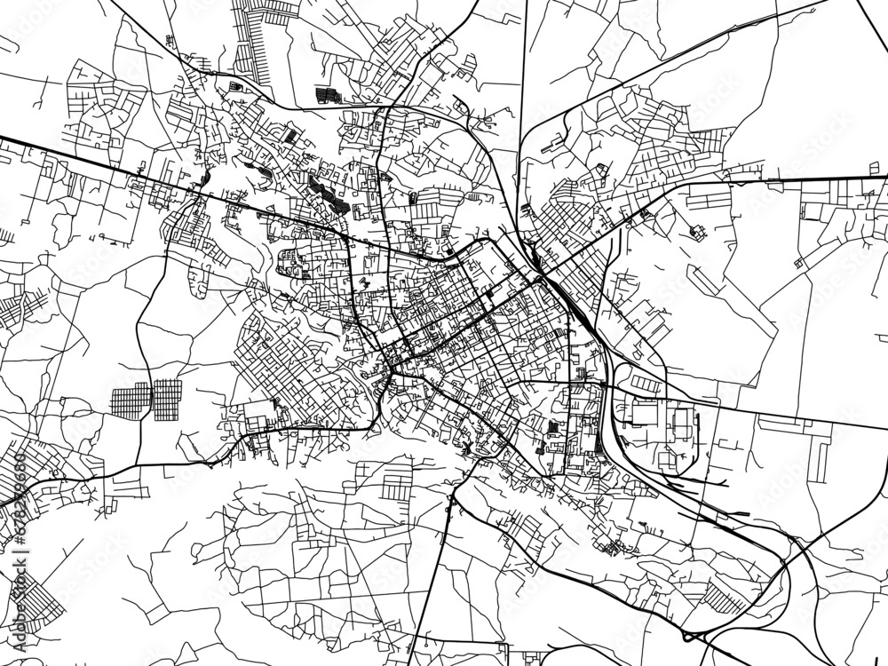 Vector road map of the city of Zhytomyr in Ukraine with black roads on a white background.