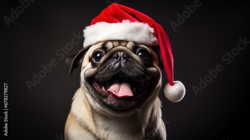 Portrait of a dog in Santa hat. Christmas background.