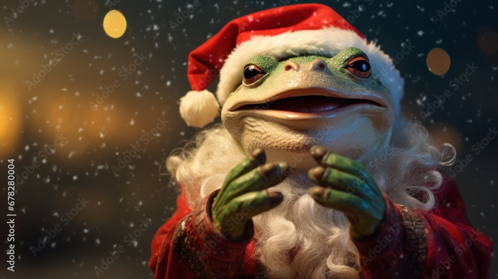 Portrait of a frog in Santa hat. Christmas background. Portrait of a frog in Santa hat. Christmas background.
